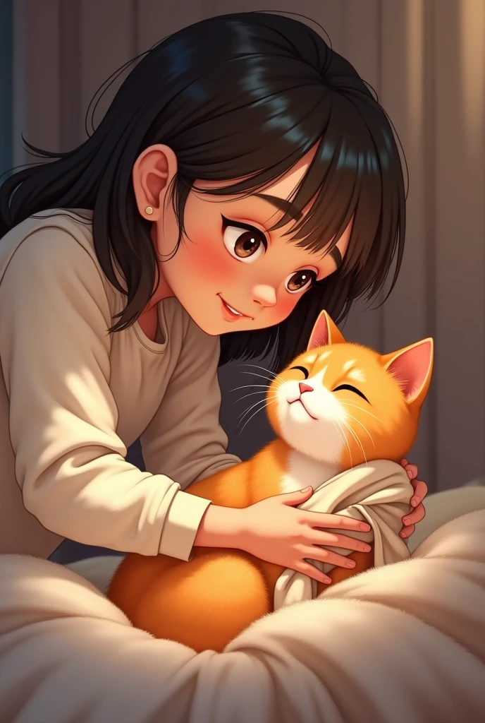 Finally, girl dries the orange cat off, letting it rest in a cozy bed, knowing it’s now safe and loved.