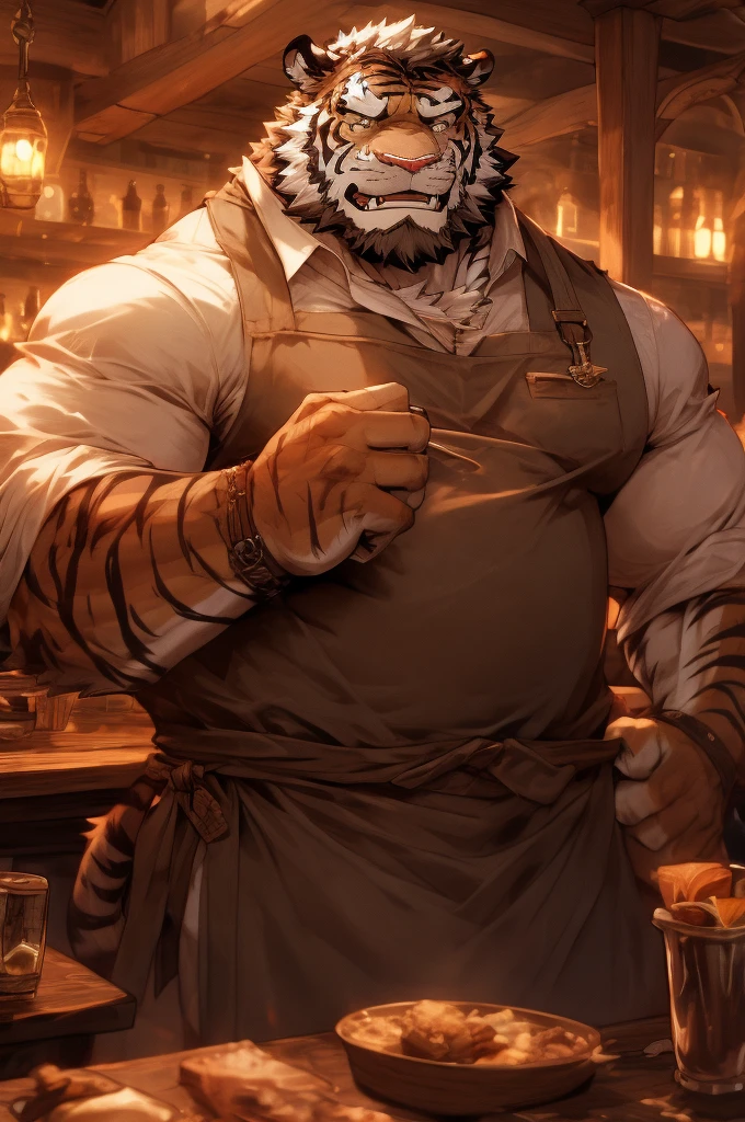 Furry, tiger, man, muscular, fit, handsome, short beard, black eyepatch, apron, bartender, tavern, medieval, scarred body, looking gruff, looking intimidating