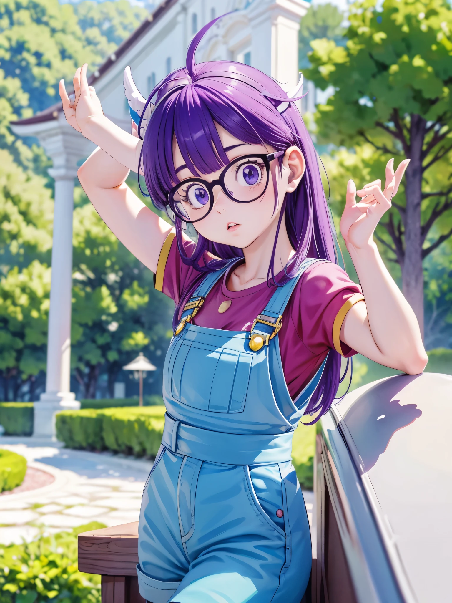 masterpiece, highest quality, Very detailed, 16k, Ultra-high resolution, Cowboy Shot, Detailed face, Perfect Fingers, One girl, Garden of the mansion, arale, glasses, blue eyes, long hair, purple hair, short sleeves, wing hat, wing cap, red shirt, blue overalls