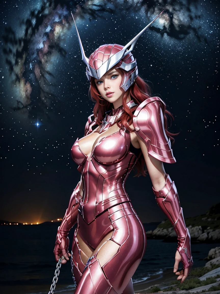 masterpiece, best quality, 超high resolution, Lifelike skin texture, armature, lifelike, high resolution, original photo, shiny skin, Lifelike skin texture, best lighting, spark, dramatic lighting, dynamic poses, starry sky background, night sky, universe, Milky Way, 1 girl, Balanced eyes, Andromeda Shun, pink armor, chest, split, Red hair, Pink helmet, Blue eyes, looking at the audience, Big breasts, faint smile, chain，exposed