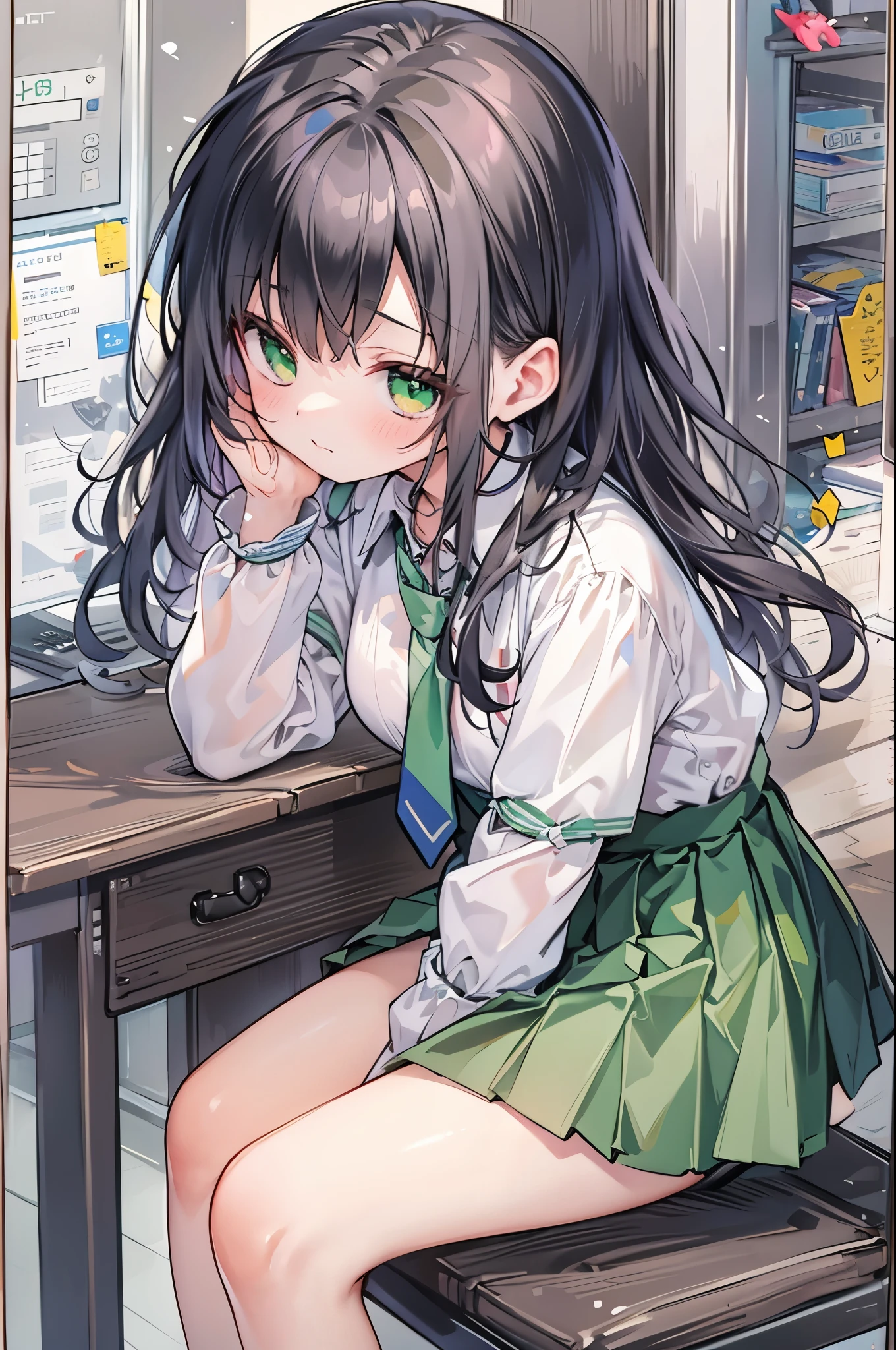 ((Highest quality, 8k, masterpiece: 1.3)), whole body,1 personの,1 person,,Glamorous Body,cute,Untidy look,Black Hair,Beautiful emerald green eyes,Long Hair,((Close your eyes)),((White short-sleeved blouse,tie)),((Green pleated mini skirt,loafers)),((In the classroom,Sit on a chair,Fold your arms and put your face down on the desk)),
