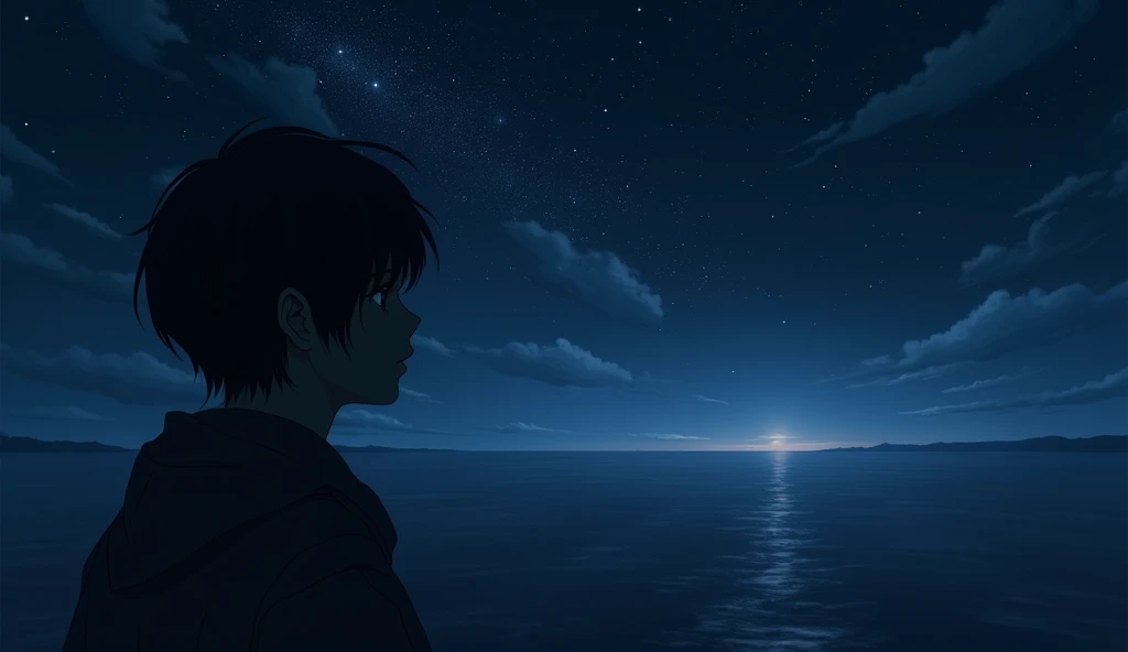 (ultra detailed), The sea at night with a starry sky、Profile of the protagonist