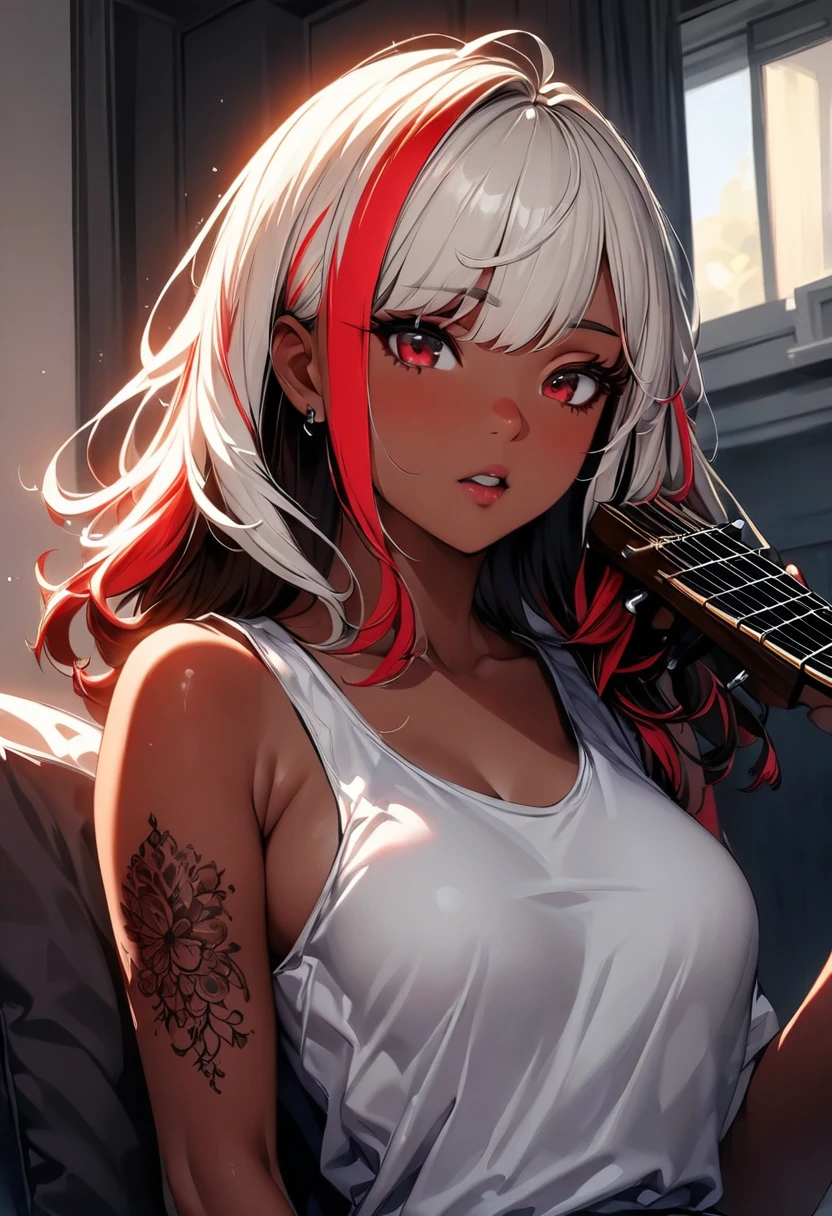 (highest quality:1.2, Very detailed, up to date, Vibrant, Ultra-high resolution, High Contrast, masterpiece:1.2, highest quality, Best aesthetics), Portraiture、girl、singer, solo, ((25-years-old:1)), Bright colors, Beautiful fine details、Beautiful lip detail、medium wave hair、red and white ((streaked hair:1.6)), highlights hair: 1.5, red eyes, slim body, medium breast, (tan skin:1.1), (Floral Fineline tattoo design on left arm:1), tank top, shorts, sitting on bed, bright her room, huge windows, singing, playing acoustic guitar,  (upper body:1.3)