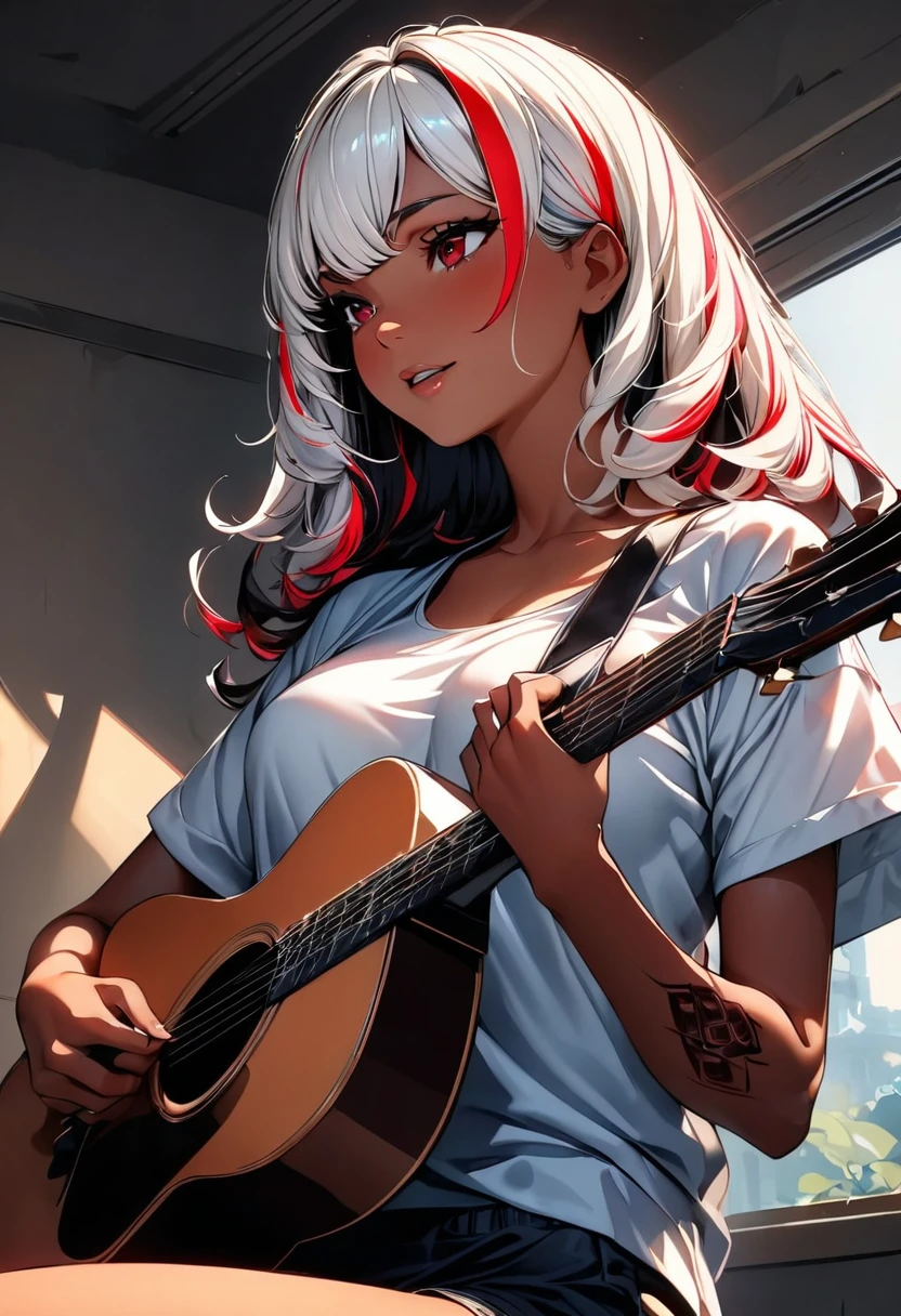 (highest quality:1.2, Very detailed, up to date, Vibrant, Ultra-high resolution, High Contrast, masterpiece:1.2, highest quality, Best aesthetics), Portraiture、girl、singer, solo, ((25-years-old:1)), Bright colors, Beautiful fine details、Beautiful lip detail、medium wave hair、red and white ((streaked hair:1.6)), highlights hair: 1.5, red eyes, slim body, medium breast, (tan skin:1.1), (Floral Fineline tattoo design on left arm:1), tank top, shorts, sitting on bed, bright her room, huge windows, singing, playing acoustic guitar, (upper body:1.3)