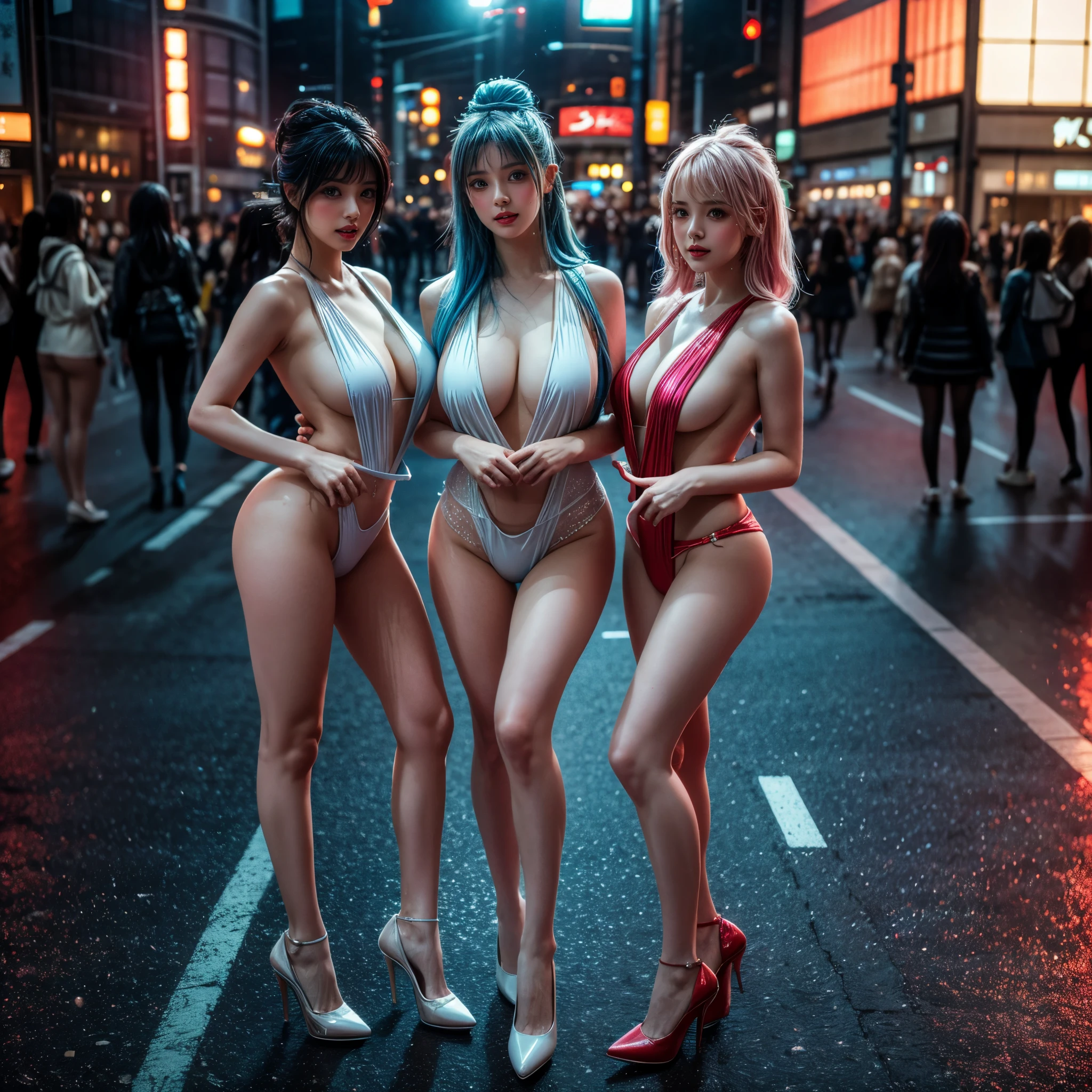 (Full Body of Extremely Detailed((Sexy Ladies Group in a row:1.37))), KAWAII perfect face, Reflective Eyes, Detailed(Delicate Clothing textures), Correct graceful legs, Dynamic Joyful Expressions LifeLike Rendering, Specular Reflection, TopQuality 8K Ultra-detailed masterpiece (ProfessionalPhoto:1.37), (Acutance:0.8), (Luminism:1.28), ((Shibuya Scramble Crossing)), (Colorful Light particles), ((Full body from side)) {MicroMini Skirt|Kissing Face to Face|Undressing|Thigh Gap|Cute Peach AssFocus|NakedApron with SideBoob}, Radiant Fine Skin with Transparency, {Pink Hair|LightBlue Hair|Pure White Hair|Blonde|Liquid Hair|Red HighHeels}, Perfect Lighting