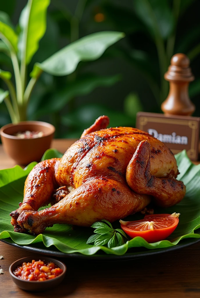 realistic photo of a large grilled chicken with banana leaf platting with sambal on its side, and a desk sign "DAMIAN"
