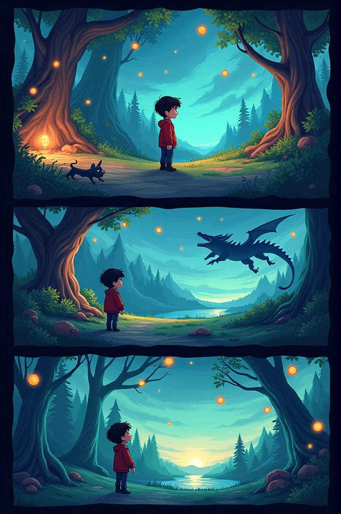 Title: "The Dream Adventure"
Panel 1: Scene: A boy named Max is sleeping peacefully in his bed at night. The room is dimly lit by moonlight coming through the window.
Text (Thought Bubble): “Zzz… I wonder where my dreams will take me tonight.”
Panel 2: Scene: Max finds himself in a magical forest with glowing lights floating around. The trees are tall and colorful.
Text (Max): “This place is incredible!”
Panel 3: Scene: Max sees a whimsical creature with a large hammer for a head, standing among the glowing trees. The creature waves excitedly.
Text (Creature): “Hi there! I’m Hammersmith. Welcome to the Enchanted Forest!”
Panel 4: Scene: A majestic dragon with shimmering scales lands gracefully in front of Max, spreading its wings.
Text (Dragon): “Hello, young traveler! I’m Drakon. Follow me!”
Panel 5: Scene: Max is riding on Drakon’s back as the dragon soars above the forest, showing an expansive view of the magical landscape.
Text (Max): “This is amazing! Thank you for the ride!”
Panel 6: Scene: Max wakes up in his bed with a smile, stretching and looking happy.
Text (Max): “What a fantastic dream!”