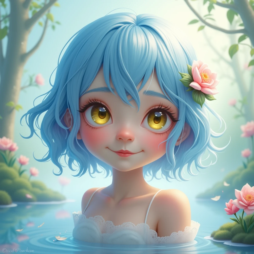 Light blue hair, yellow eyes, cute