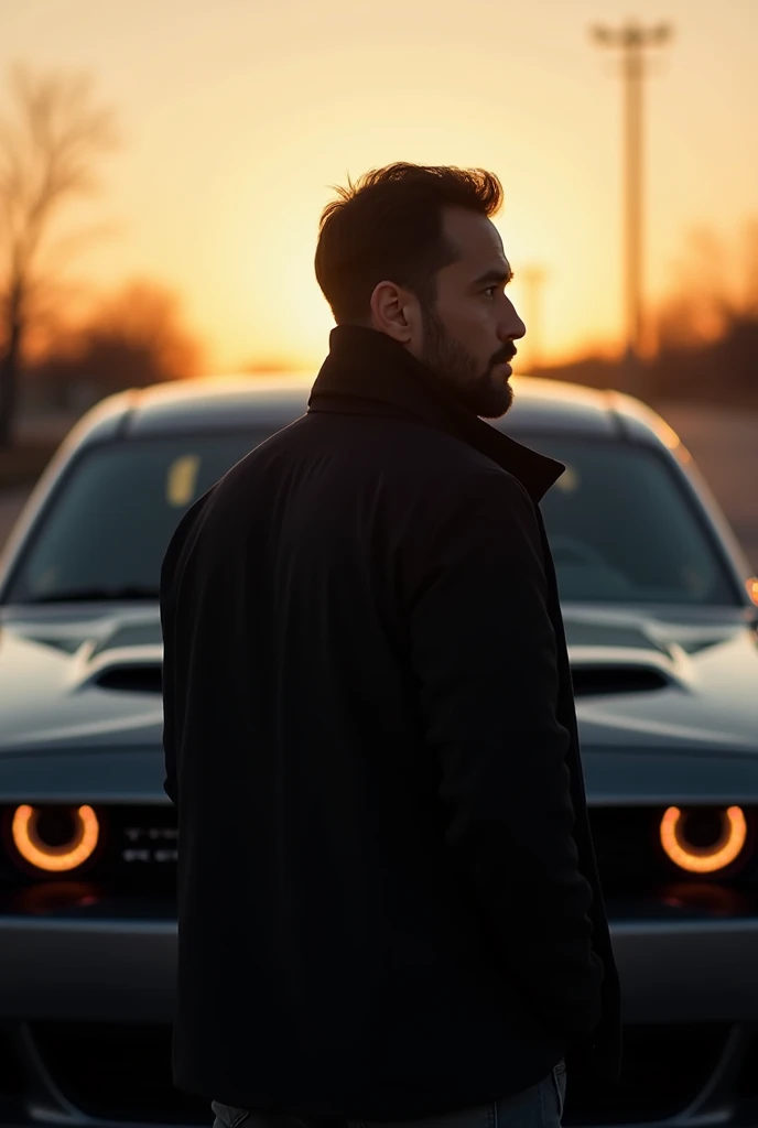 A alone face covered man with a Dodge
challenger car near sundown