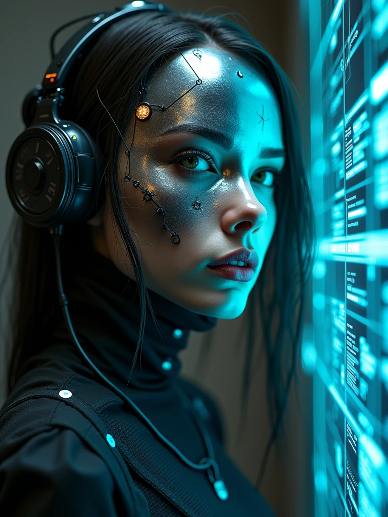 cybergoth woman with electronic cables, metallic face reflecting the glow of a nearby holographic interface, ultra high quality image, 300 dpi resolution image.