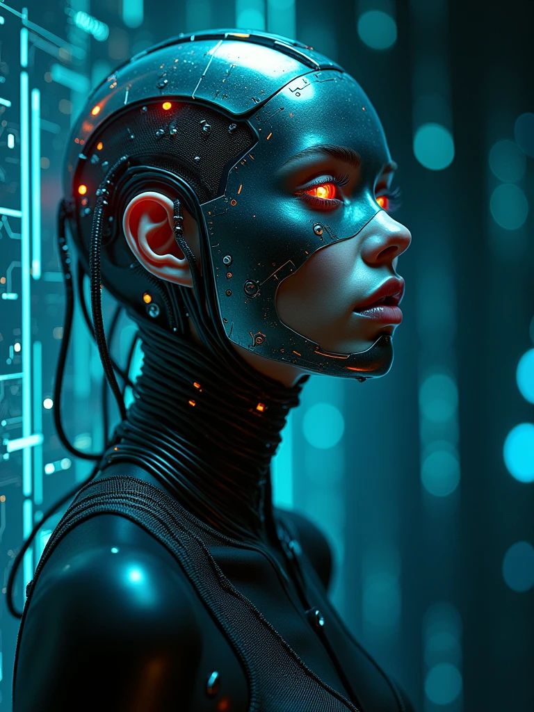 cybergoth woman with electronic cables, metallic face reflecting the glow of a nearby holographic interface, ultra high quality image, 300 dpi resolution image.