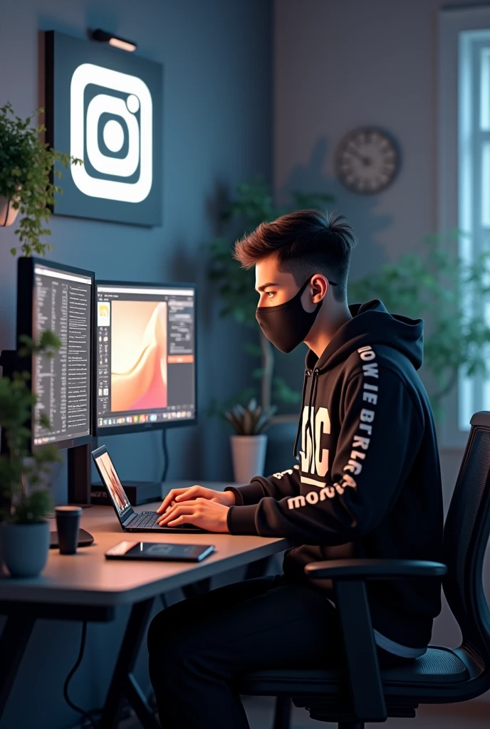 Create a image of 25 year boy 3D sitting infront of computer desk with laptop and microphone wearing mask and Black and white hoodie with a large with the channel name on it money maker Instagram logo on the wall potted plants on either side and various recording equipments