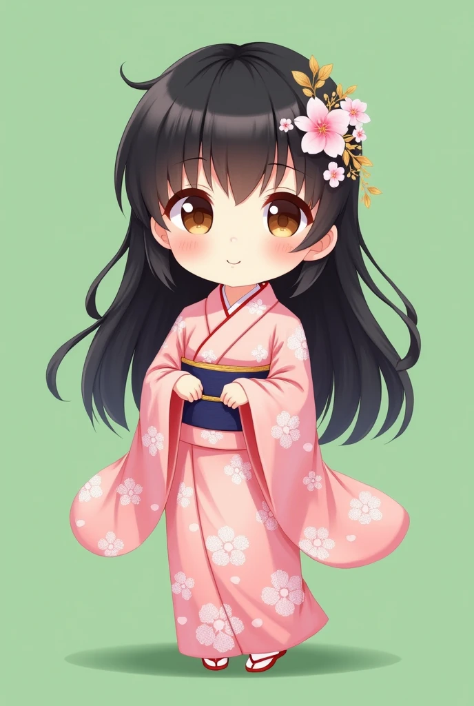 girl,flower pattern , pink kimono,black hair,brown eye,long hair,chibi,standing, put hands on body, full body,green background