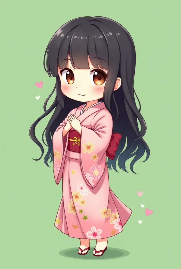 girl,flower pattern , pink kimono,black hair,brown eye,long hair,chibi,standing, put hands on body, full body,green background