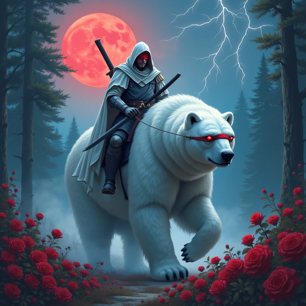 Godlike, in it a male knight with a white hood with bear ears and a katana at his back is riding a polar bear in a forest while the moon shines, many Roses cover the ground and lightning falls from the sky. Only the man wears a red blindfold. The polar bear has shining blue eyes. In the background of the picture is the blood moon.