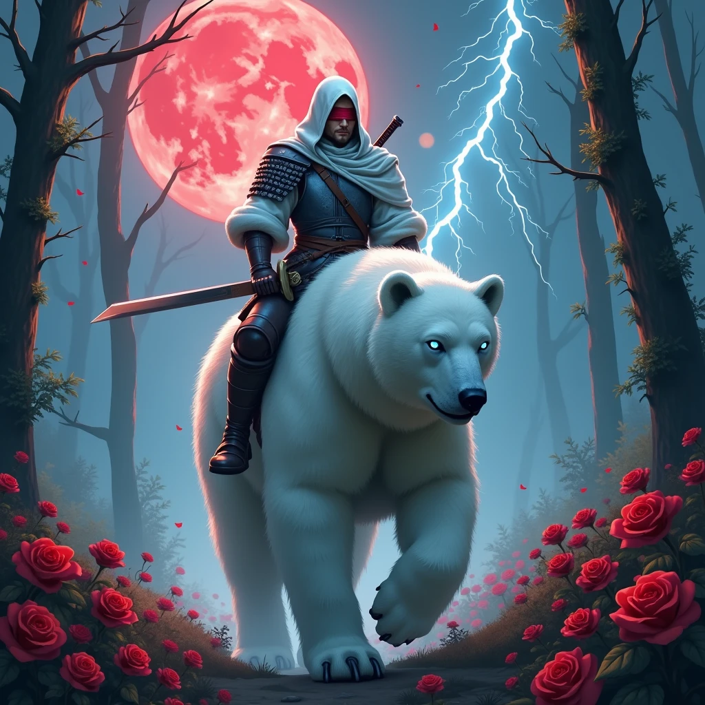 Godlike, in it a male knight with a white hood with bear ears and a katana at his back is riding a polar bear in a forest while the moon shines, many Roses cover the ground and lightning falls from the sky. Only the man wears a red blindfold. The polar bear has shining blue eyes. In the background of the picture is the blood moon.