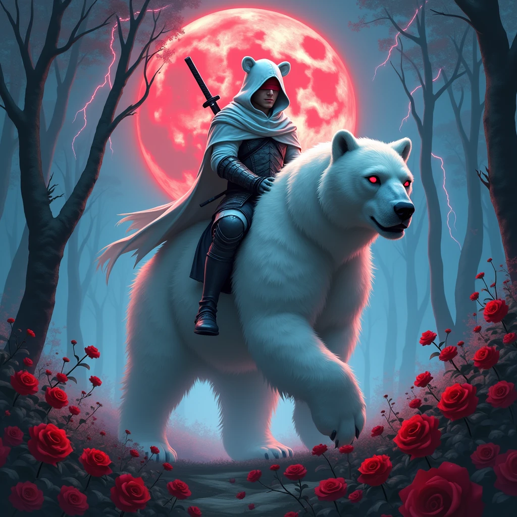 Godlike, in it a male knight with a white hood with bear ears and a katana at his back is riding a polar bear in a forest while the moon shines, many Roses cover the ground and lightning falls from the sky. Only the man wears a red blindfold. The polar bear has shining blue eyes. In the background of the picture is the blood moon.