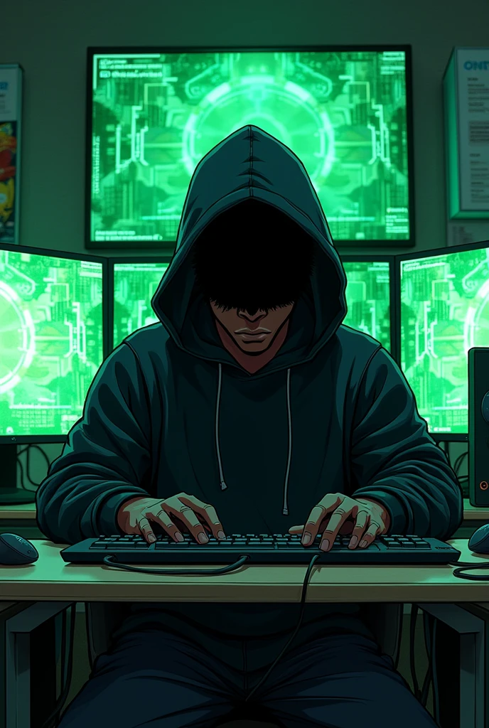 Profile of a young, overpowered black gamer with a hoodie covering his entire head and modern gadgets in front of his screens in a room with green and darker algorithms, hyper-equipped in manga mode