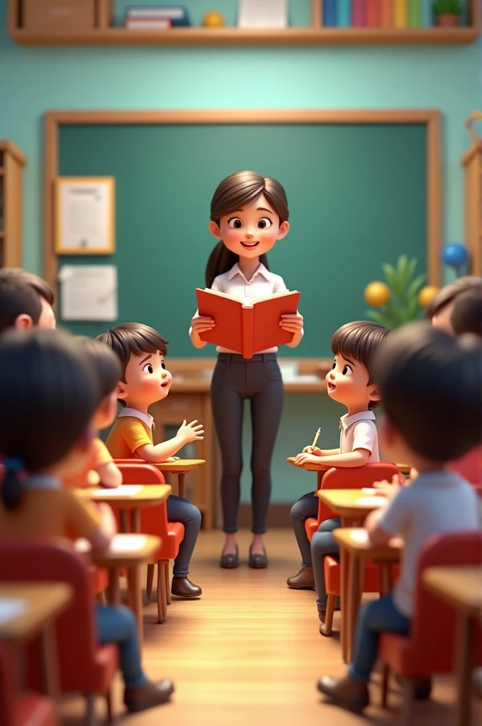 Create 3D image of a teacher in front of the students, children and toddlers, that the children are sitting in their chairs with their books and holding a pencil, that the teacher is with a book reading to the children