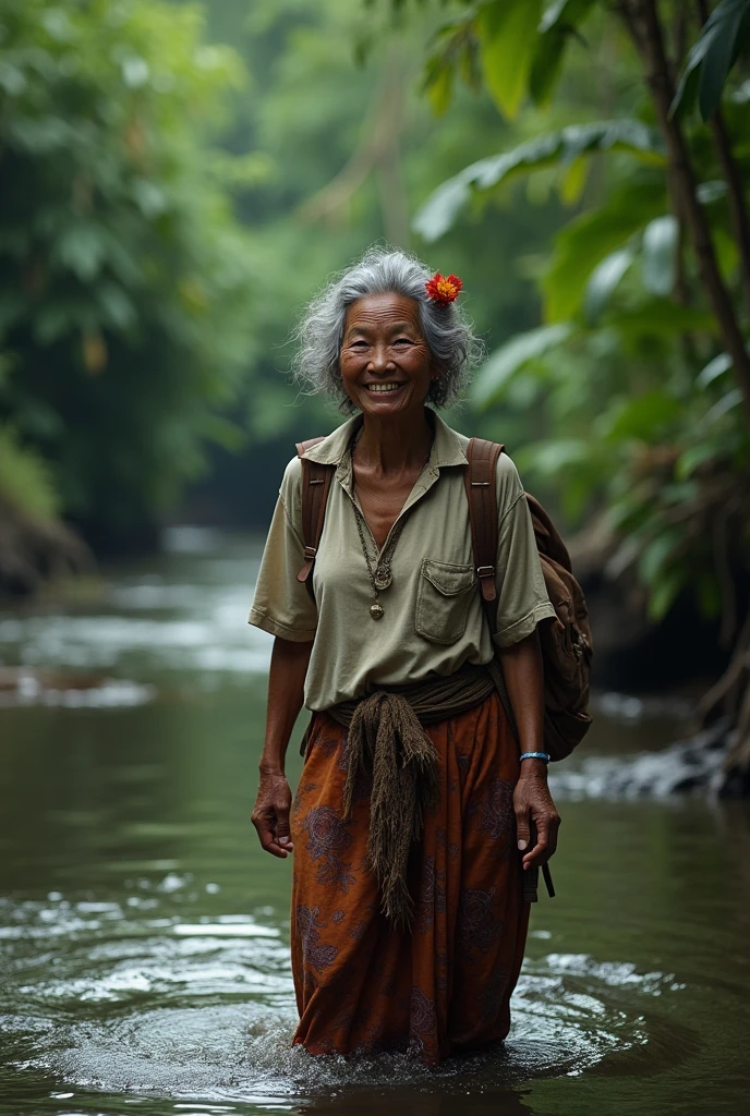 Photorealism 1.4 realistic realism high detailed definition Malaysia native aboriginal orang asli old women curly messy hair crossing river river stream dark skin weaver backpack smile faces jungle big river wearing loose shirt accessories on hair flower wearing sarong