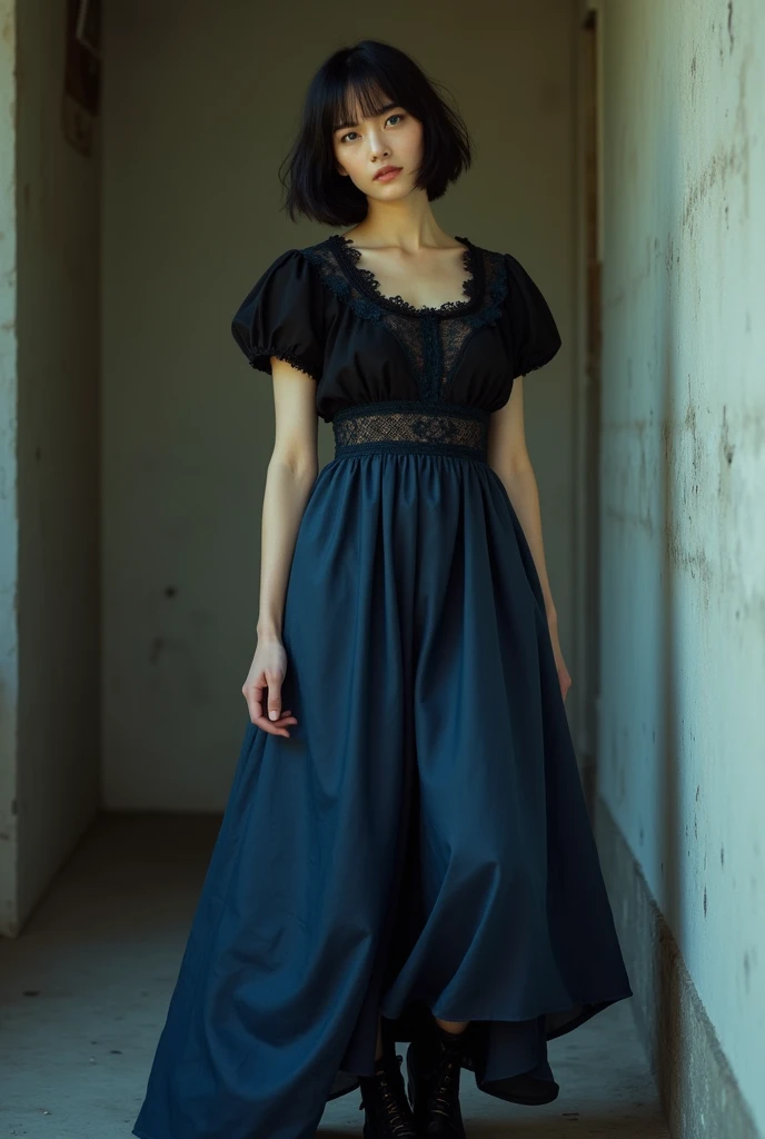 low angle view, full view of a 30 year old woman, short straight black hair, blue colored eyes, Scrawny, She is wearing a long black and blue dress, Black boots, analog style, texture skin, film grain, ultra-high resolution, best shade, CRU, high-detailed face, highly detailed skin, Highly detailed face, beautiful  face, natural texture skin, without reflection, see the grain of your skin, high-detailed face, highly detailed skin, Fujifilm XT3