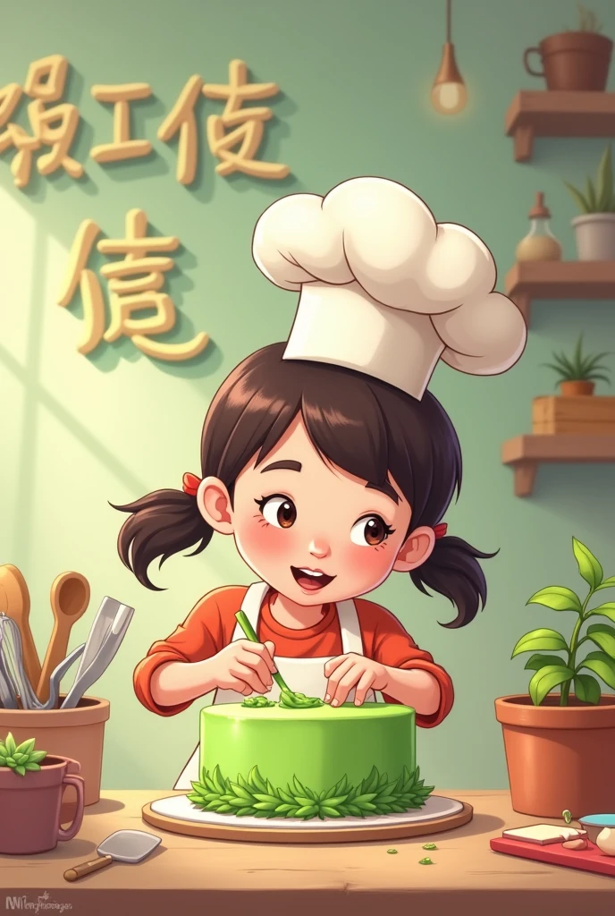 A girl make a land phone design green 
 colour simple one layer  cake.she wear the chef hat

Shop name 'sweet home cake creation'

