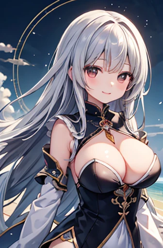 masterpiece、high resolution、Like the picture、Long Hair、Large Breasts、Large Breasts、I can see her cleavage、Brown eyes、Shining silver hair、Sexy smile、Drawing from the front、The wind is blowing、Clothing of the wise man、magic circle、holy place