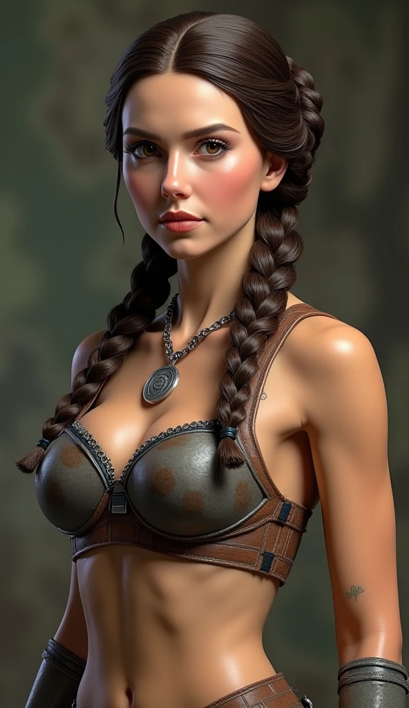 (wide shot,full body photo,in front)(8k, RAW photo, best quality, naked,masterpiece:1.2), (realistic, photo-realistic:1.4,Full body shot, 8k, isolate subject for illustrationPrincess Leia Organa, as seen in Return of the Jedi, is a memorable and iconic character. Here is a detailed description of her appearance:
Hair: Dark brown, styled in intricate braids and buns, most notably the braided crown she wears on Endor.
Eyes: Brown, reflecting her determination and compassion.
Skin: Fair, with a healthy glow, highlighting her natural beauty.
Outfit: She wears several outfits in the film, including:
Jabba’s Palace: A metal bikini with a red and gold design, paired with a flowing red skirt and gold accessories.
Accessories: She carries a blaster and is often seen with various tactical gear, reflecting her role as a leader in the Rebel Alliance.
Physique: Athletic and slender, showcasing her agility and strength.
Expression: Confident and resolute, with a hint of warmth and empathy, embodying her leadership and caring nature.,in a themed Backgound