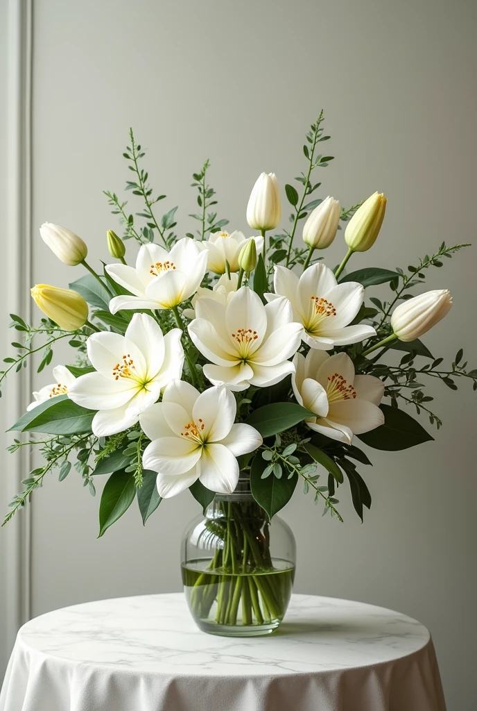 a bouquet including the following flowers: white gardenias, jasmins manga, lilies and tulips, without sunflower