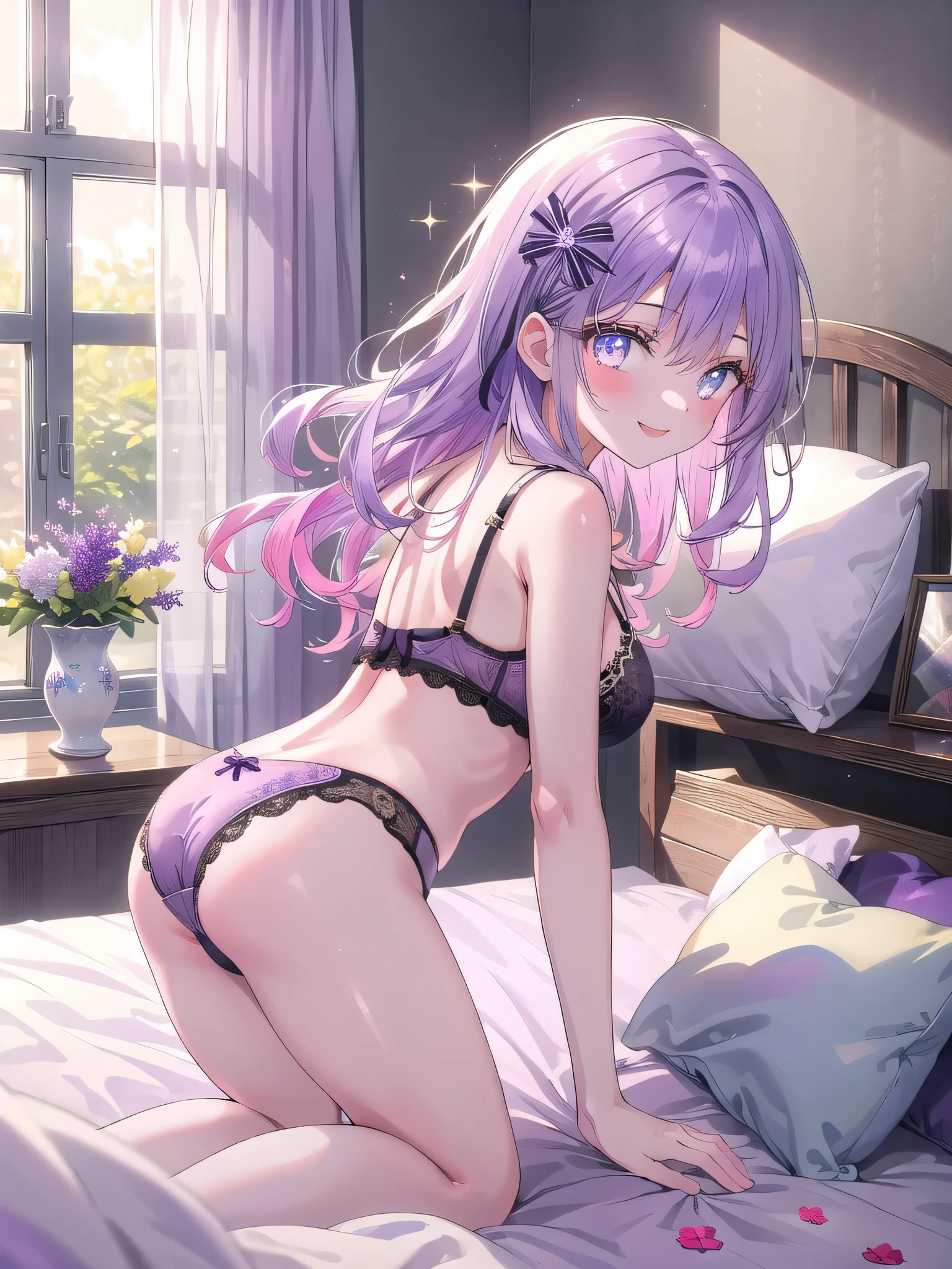 ((8k, Highest quality, masterpiece: 1.3)),Ultra-high resolution,(1 girl, alone), (Color changing eyes, Ultra-detailed, Expressive brilliance, Glitter, Glowing Eyes), Highly detailed eyes, Highly detailed face, Random Hair, ((pastel colour))Design a Vtuber character with deep purple hair that fades into pastel lavender near the tips, styled in relaxed, loose curls. Her eyes are a gradient from dark violet near the center to a lighter lilac around the edges, with a subtle, enchanting shimmer. She is wearing a pink silk balconette bra with delicate floral lace overlays and matching panties. A small purple bow hairpin is tucked into the right side of her hair. She is posed on all fours on her bed, arching her back slightly with her head turned to the camera, smiling playfully. The room features soft pastel-colored walls, a modern bed with a plush white comforter, and a few decorative pillows in shades of pink and grey. A simple wooden nightstand holds a vase with fresh flowers, adding a touch of charm to the space.