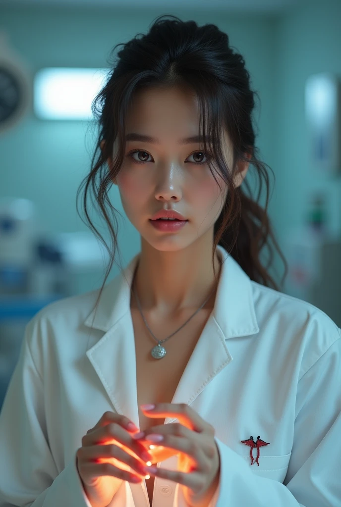 sexy　Female doctor　operating　The backs of both hands are facing towards you　