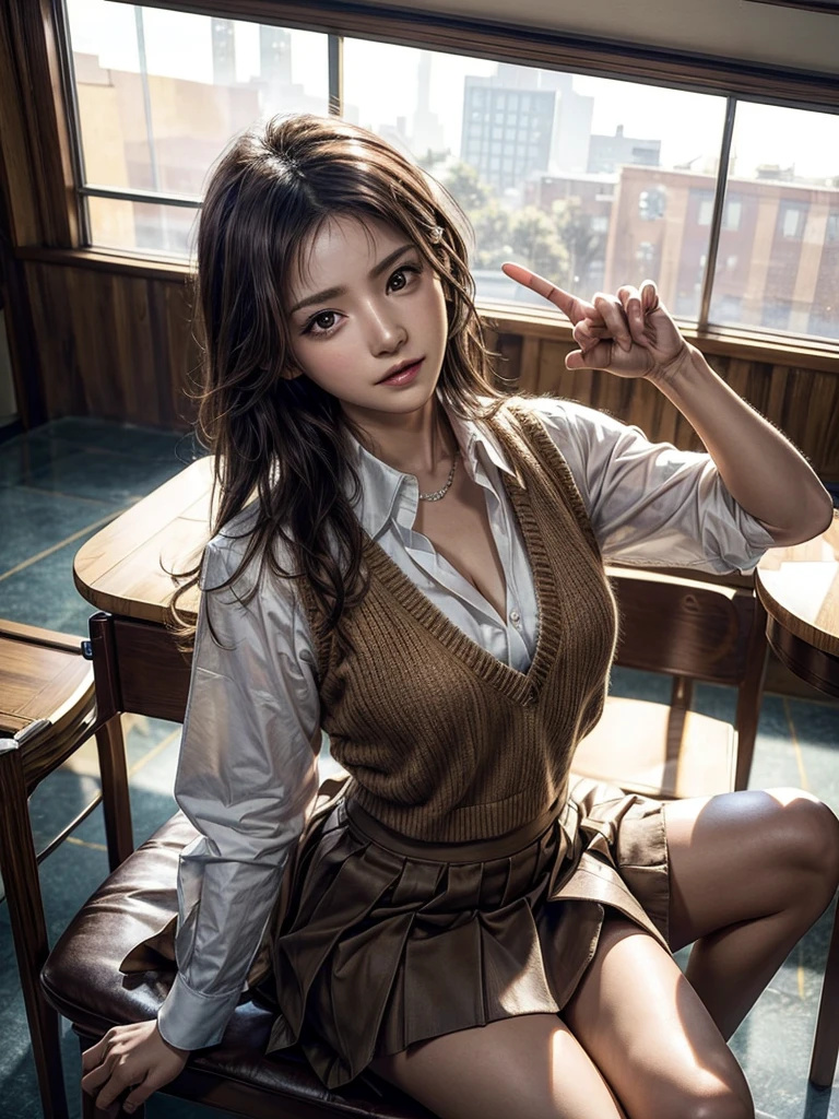 Masterpiece, Top Quality, Top Mikoto, brown eyes, short hair, small breasts, looking at viewer, alone, closed mouth, collared shirt, beige knit vest, dark blue Skirt, school_uniform, shirt, white_shirt, classroom,Masterpiece, highest quality, 8K, detailed skin texture, fine cloth texture, beautiful detailed face, intricate details, super detailed,cute,cute posing,composition that shows the whole body, brown hair,Pointing a finger like a gun, aiming straight ahead, detailed finger