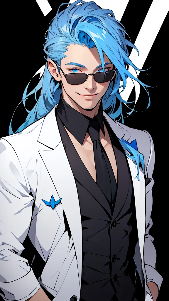 Black suit with white open shirt、Blue Hair、Eyes showing through sunglasses、Handsome man holding candy and looking at camera while smiling、His neck-length hair is combed back..、High resolution, Cladation、Gaze, smile, 