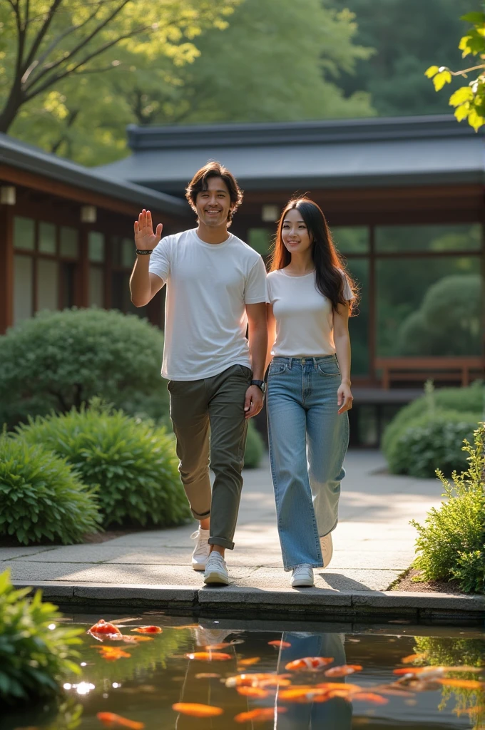 frontal photorealistic picture, taken with the best professional camera, walking towards and waving to the camera, tall athletic Mexican young man, shoulder length hair, and beautiful young Asian woman, her hair is very straight and long ( they wear simple casual clothing), walking in a zen garden, pond with coy fish