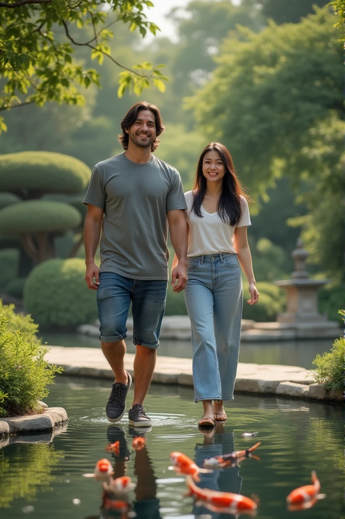 frontal photorealistic picture, taken with the best professional camera, walking towards and waving to the camera, tall athletic Mexican young man, shoulder length hair, and beautiful young Asian woman, her hair is very straight and long ( they wear simple casual clothing), walking in a zen garden, pond with coy fish