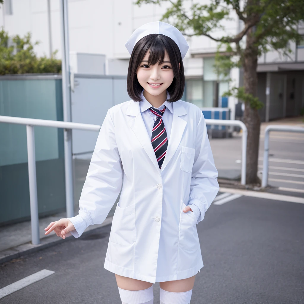 White knee-high socks、Nurse uniform、White pumps、Japanese women、whole body、Black Hair、short hair、Standing posture、smile、 High resolution, Gaze, Anatomically correct, Highest quality、20-year-old