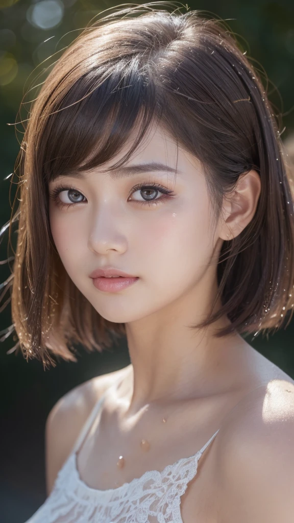 a beautiful young girl, 1girl, extremely detailed eyes and face, beautiful detailed eyes, beautiful detailed lips, longeyelashes, realistic skin, wet and messy hair, realistic fabric, deep dark eyes, graceful face, looking directly at viewer, movie-like cinematic style, detailed hair strands, perfect makeup, light and shadow effects, clair obscur, clear blue sky background, ponytail, realistic lighting, (best quality,4K,8k,highres,masterpiece:1.2),ultra-detailed,(realistic,photorealistic,photo-realistic:1.37),vivid colors,HDR,uhd,studio lighting,ultra-fine painting,sharp focus,physically-based rendering,extreme detail description,professional,smiling,full body,large breasts,short hair,blushing,slightly open mouth,blurred background、Gaze, Sticking out tongue, 