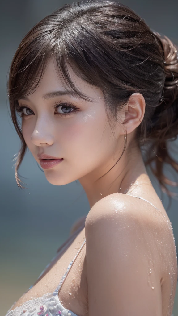 a beautiful young girl, 1girl, extremely detailed eyes and face, beautiful detailed eyes, beautiful detailed lips, longeyelashes, realistic skin, wet and messy hair, realistic fabric, deep dark eyes, graceful face, looking directly at viewer, movie-like cinematic style, detailed hair strands, perfect makeup, light and shadow effects, clair obscur, clear blue sky background, ponytail, realistic lighting, (best quality,4K,8k,highres,masterpiece:1.2),ultra-detailed,(realistic,photorealistic,photo-realistic:1.37),vivid colors,HDR,uhd,studio lighting,ultra-fine painting,sharp focus,physically-based rendering,extreme detail description,professional,smiling,full body,large breasts,short hair,blushing,slightly open mouth,blurred background、Gaze, Sticking out tongue,