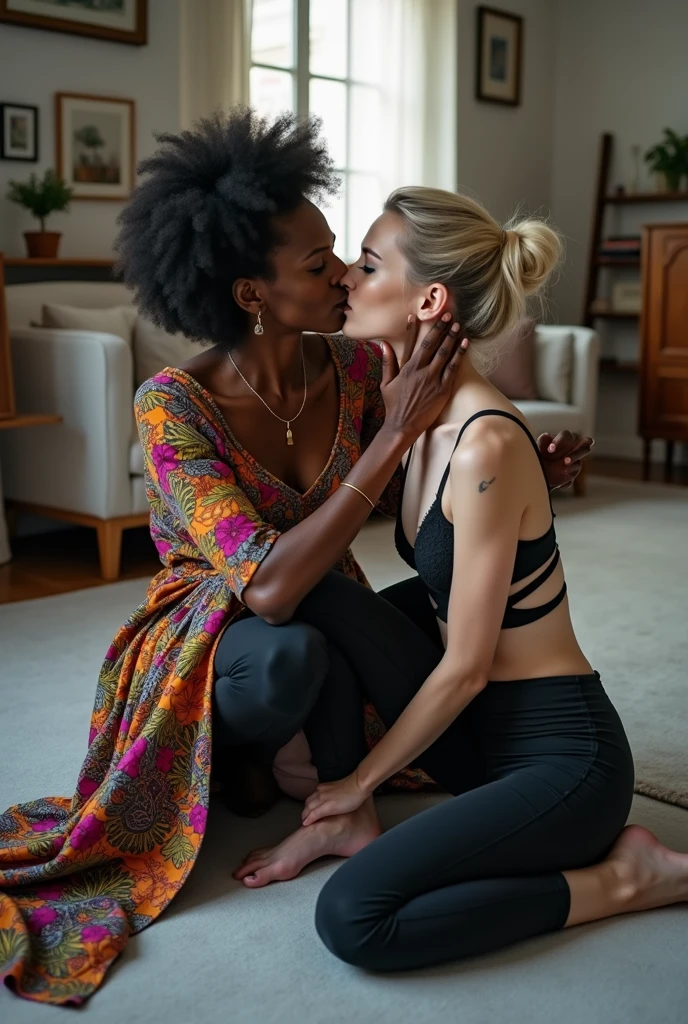 Black very old african woman in colourful traditional african clothes kisses agressively, manhandling, a white pale weak tattoed thin rocker woman in low rise skinny black leggings and push up black lace bra (with wide straps) , both squatting on an apartment decorated in Scandinavian style