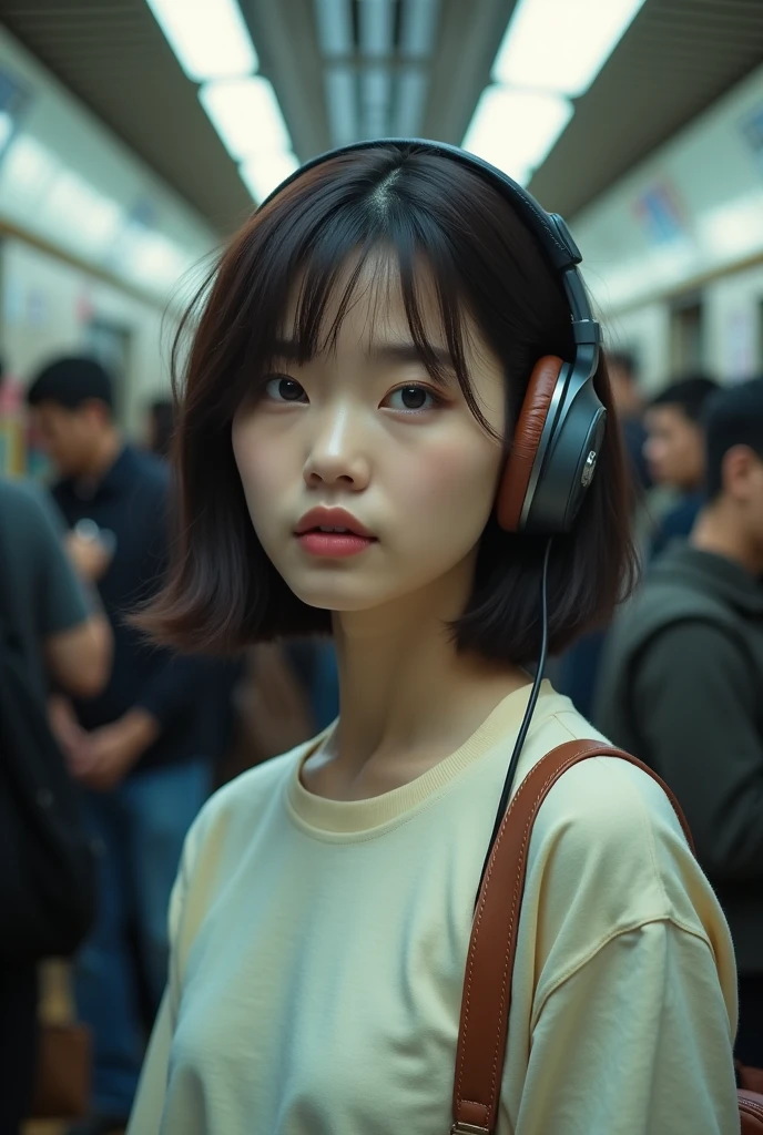 ((Ultra-realistic photos, ultra-high quality, 8k)),
Low Angle,Portrait,Girl,Actor,Korean,Shoulder Length Hair,Proud,Charming,Sad Eyes,Ri,Beautiful Lips,Simple T-shirt,Headphones On Head,
Japanese Subway Station Background,Daytime People,