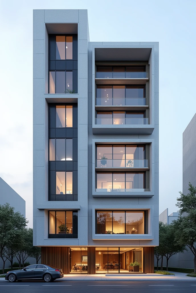 ((best quality)), ((masterpiece)), (detailed), perfect facade architecture , commercial facade architecture , contemporary bauhaus exterior view , high qulity rendering architecture ,sunny  day ,  , 6th floors , white and black  stone material , in the city in tehran , a car parked in front of the building ,  high detail , modern architecture , bauhaus facade architectur , commercial facade architectural 
