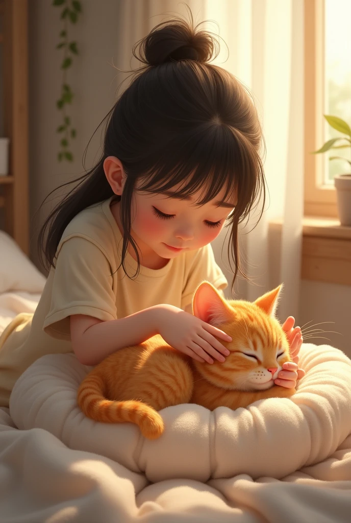 Finally, girl dries the orange cat off, letting it rest in a cozy bed, 