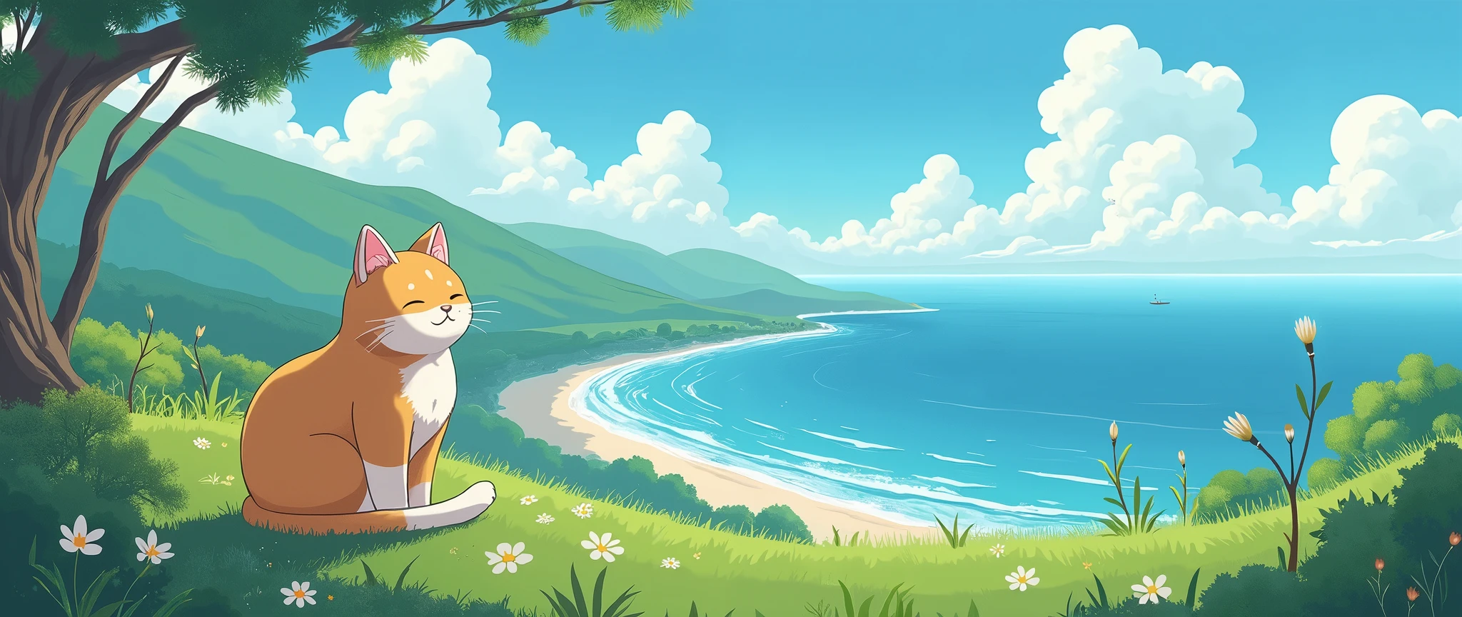 Cat, Cozy , Anime ,Lofi ,Ultrawide , Ghibli vibes , Wide view ,Sea ,landscape