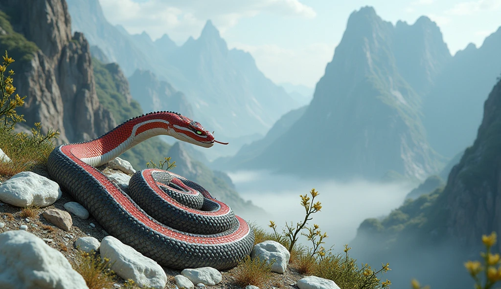 There is white jade ore on the mountain,There are also pit vipers with red and white rings on their bodies and spikes on their noses.(best quality,4K,8k,High level,masterpiece:1.2),Ultra Detailed,(lifelike,Photo real,Photo real:1.37)