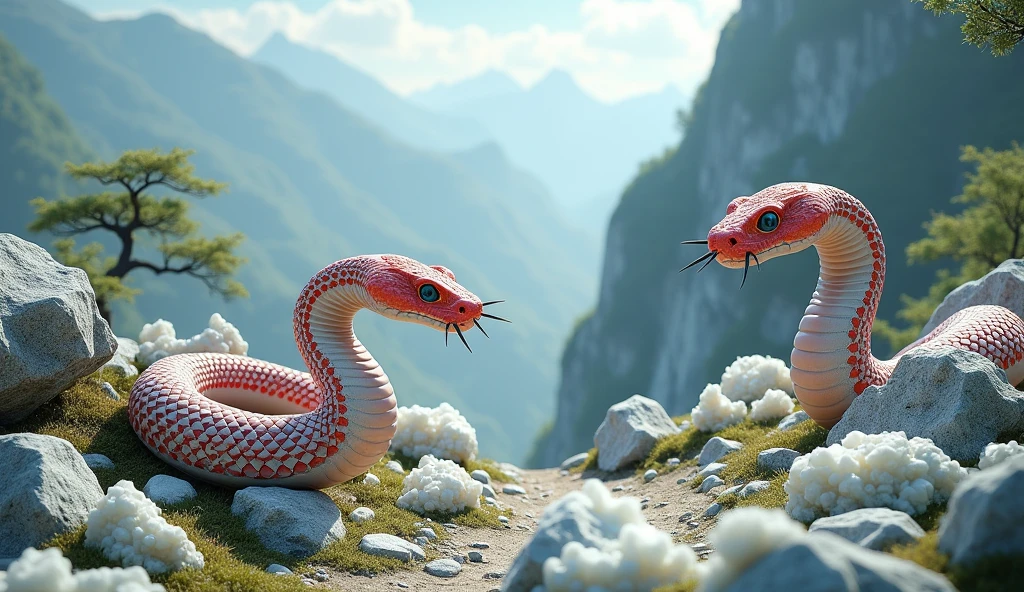 There is white jade ore on the mountain,There are also pit vipers with red and white rings on their bodies and spikes on their noses.(best quality,4K,8k,High level,masterpiece:1.2),Ultra Detailed,(lifelike,Photo real,Photo real:1.37)