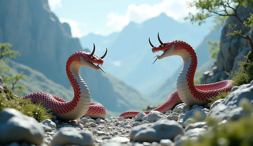 There is white jade ore on the mountain，There are also pit vipers with red and white rings on their bodies and spikes on their noses.（best quality，4K，8k，High level，masterpiece：1.2），Ultra Detailed，（lifelike，Photo real，Photo real：1.37）