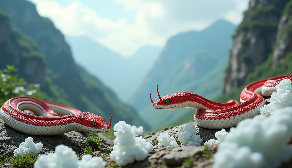 There is white jade ore on the mountain,There are also pit vipers with red and white rings on their bodies and spikes on their noses.(best quality,4K,8k,High level,masterpiece:1.2),Ultra Detailed,(lifelike,Photo real,Photo real:1.37)