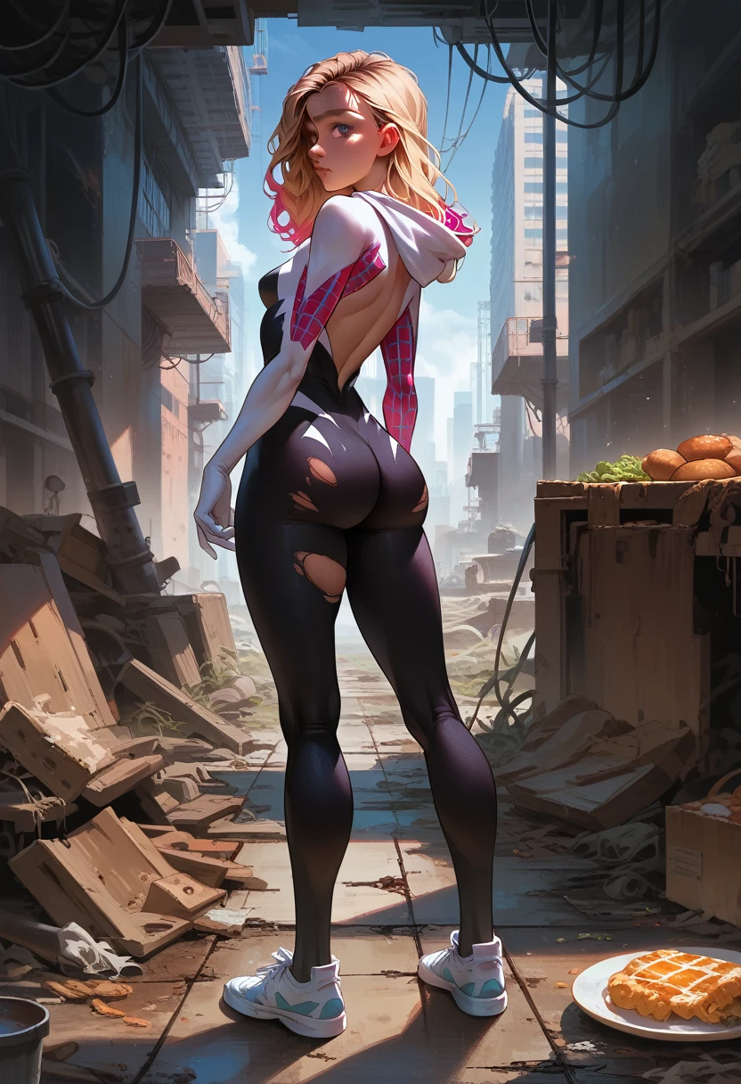 One girl, 1, Gwen Stacy, Small breasts,Your hips will get bigger, Big Ass, Spider-Gwen, Are standing, new york, Torn bodysuit, Grey Eyes, Blonde Hair, Long Hair, Bodysuits, White sneakers, Food, Facial details, Body Details, Abandoned Factory, concealment, Rear view