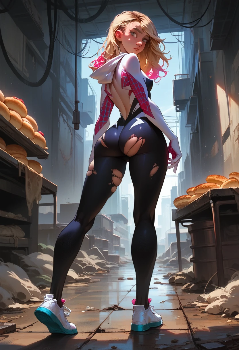 One girl, 1, Gwen Stacy, Small breasts,Your hips will get bigger, Big Ass, Spider-Gwen, Are standing, new york, Torn bodysuit, Grey Eyes, Blonde Hair, Long Hair, Bodysuits, White sneakers, Food, Facial details, Body Details, Abandoned Factory, concealment, Rear view