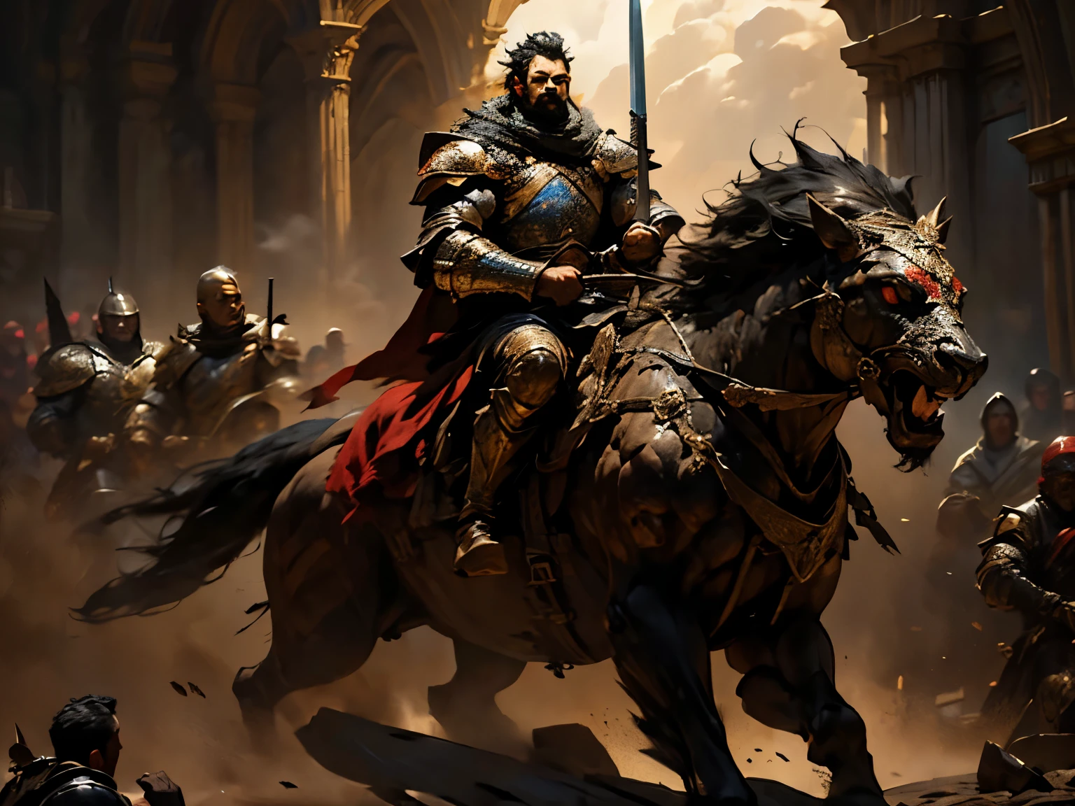 8k, cavalry, Jousting, Riding with a weapon,  Heroic Warlord,Gorgeous oversized armor(An elaborately crafted noble coat of arms),Elegant outfit,Ultra-high resolution,完璧なバLance,Red Mother Clothes, Surreal, unity,Martial Arts, Mounted Combat, Realistic Skin,Black Hair Beard,Fierce eyes,Muscular body,background,battlefield,Waist Armor,Delicate hands, Perfect hand shape, Character Art,Battle Scenes,Action Scenes,Action pose,masterpiece,Highest quality realistic RAW photos,Rich colors, Backlight, Cinema Lighting, Film Grain, to be born, 50mm lens, Nikon D850,Realistic Skin,Fantasy art,Character Art,Ultra-high resolution,Realistic scale skins, Dynamic pose,Action pose,spear,sword, male, Pole Arm, Lance, Halbert, Long sword,No defects, (((Lanceチャージ)))